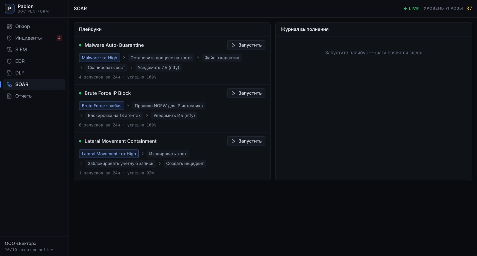 Плейбуки SOAR в Пабион: Malware Auto-Quarantine, Brute Force IP Block, Lateral Movement Containment